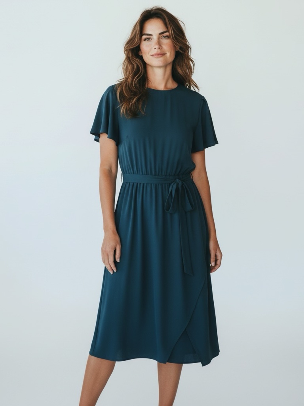 New KenzieDresses  Teal Tie-Waist Midi Dress with Flutter Sleeves size 12
